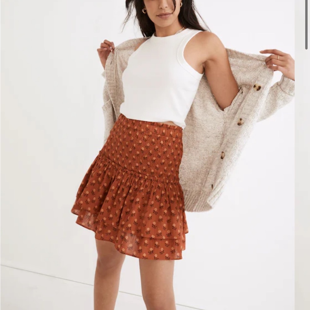 Madewell Smocked Pull-On Tiered Mini Skirt in Wild Calendula Block-Print L